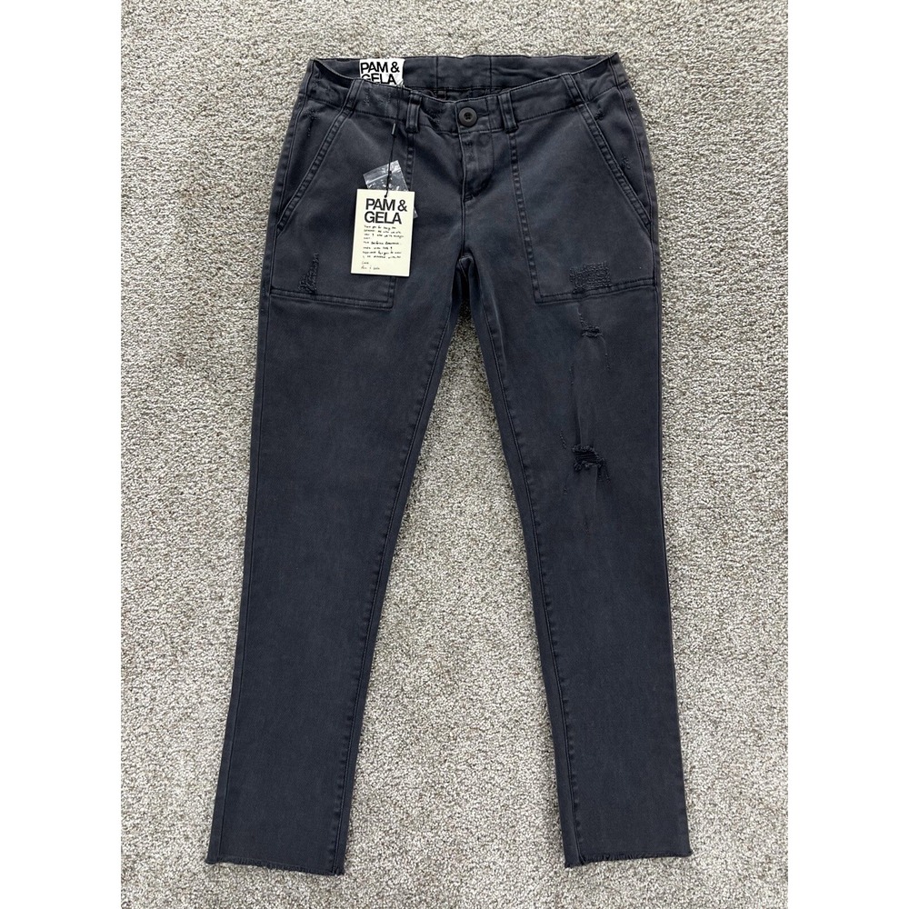 Pam & Gela Jeans Womens 24 Gray‎ Lace Back Skinny Distressed Raw Hem Stretch NWT